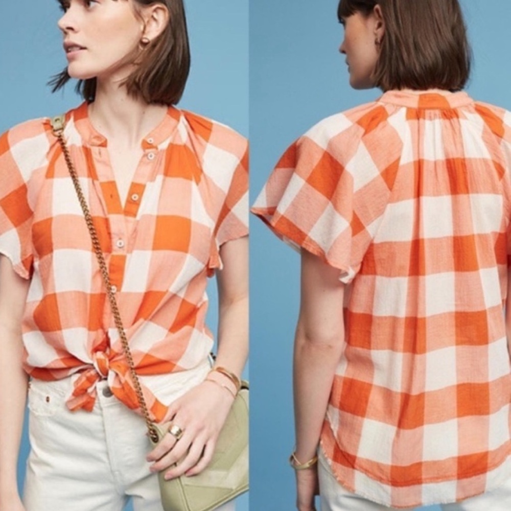 Anthro Maeve Orange & White Buffalo Blouse